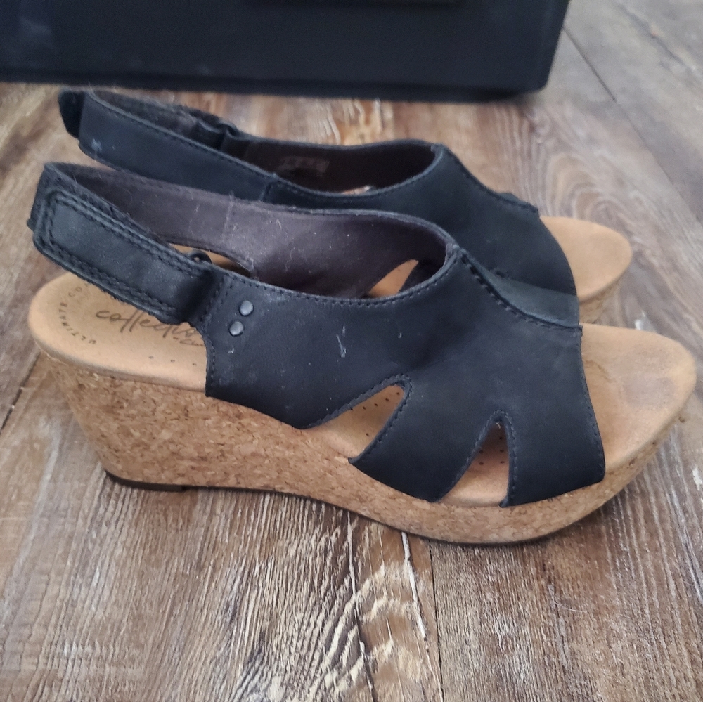 Clarks Black Suede Wedge Sandals